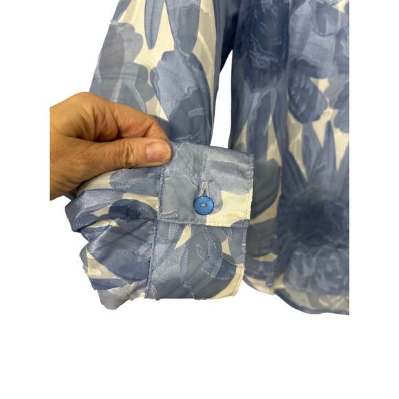 Caché Vintage Sheer Floral Button Down Blouse M Blue White Oversized Whimsical - Picture 5 of 11